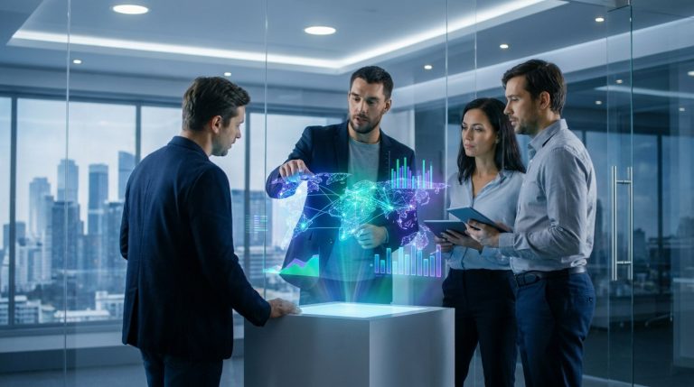 Quelle agence seo geo choisir pour dominer le web en 2026 ? Une équipe d'experts analysant des données SEO sur une interface holographique futuriste.