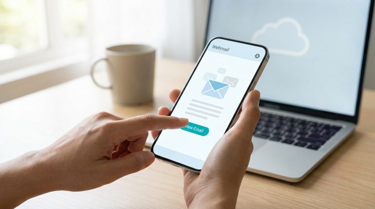 Personne utilisant une application de messagerie sur un smartphone devant un ordinateur portable.