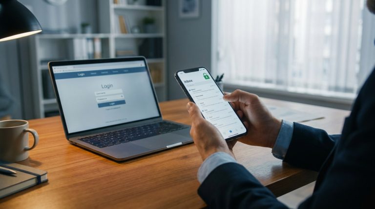 Messagerie ac strasbourg : le guide pour gérer vos mails Un homme en costume consulte sa boîte de réception sur smartphone devant un ordinateur portable affichant une page de connexion.