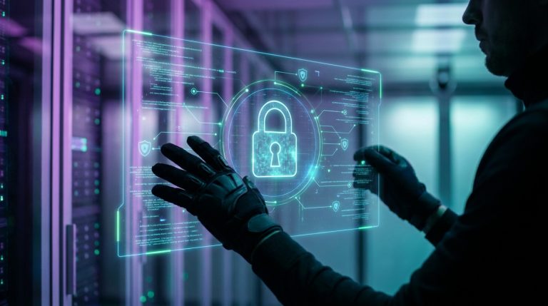 Un expert en cybersécurité manipulant une interface holographique affichant un cadenas de sécurité dans un centre de données.