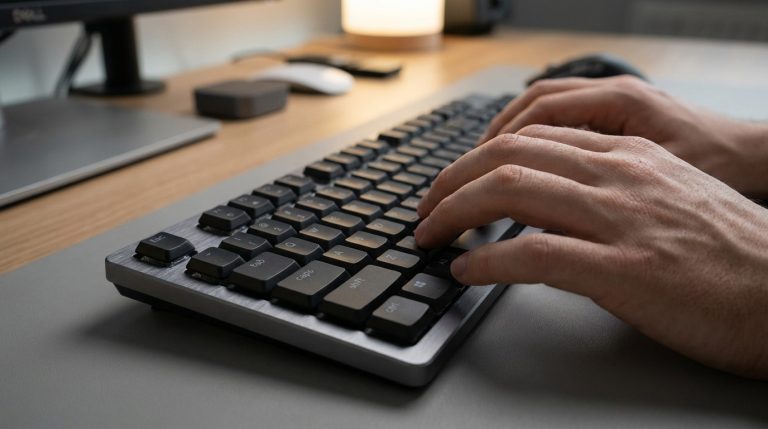 Comment faire arobase clavier : les astuces pour réussir Mains d'une personne tapant sur un clavier d'ordinateur mécanique moderne sur un bureau.