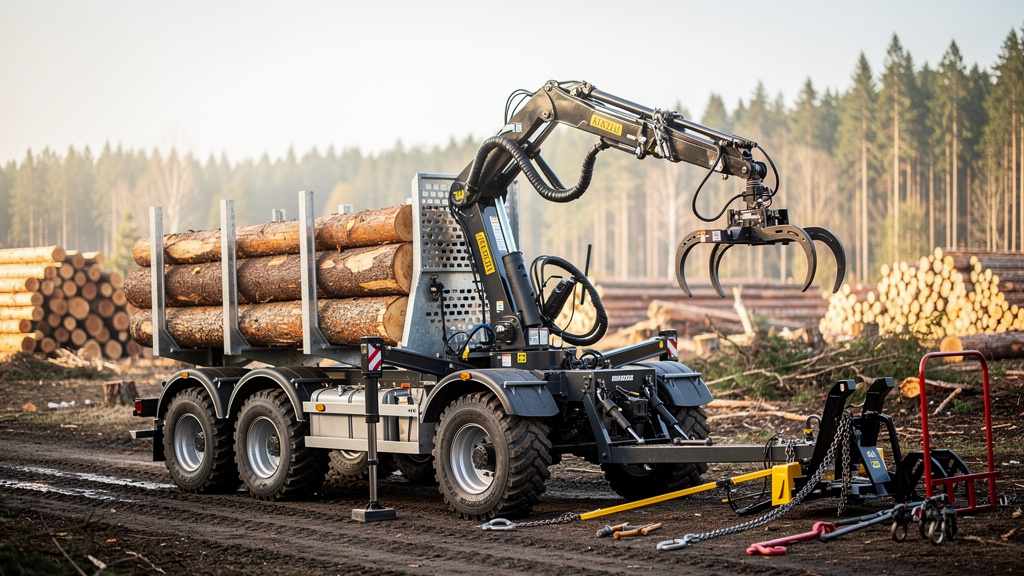 Remorque grue forestière et équipements de débardage