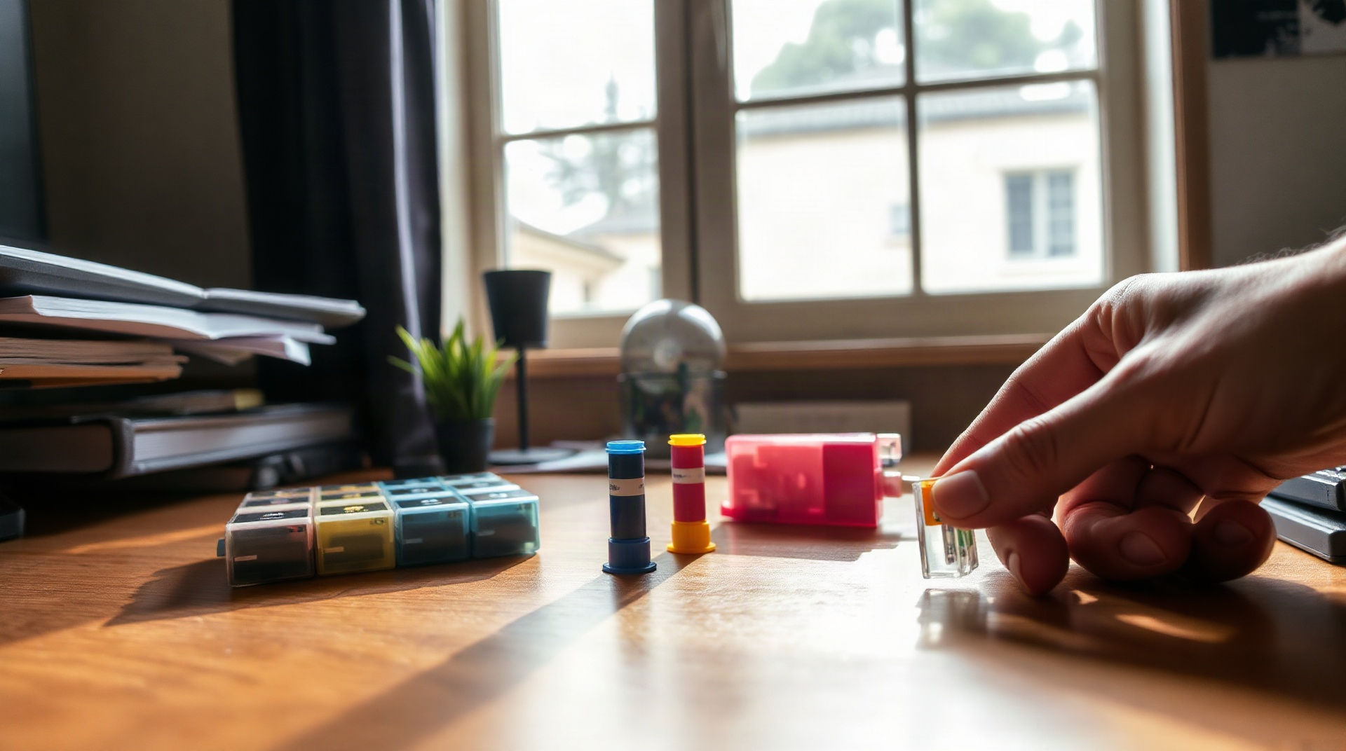 Cartouches d'encre colorées alignées sur un bureau