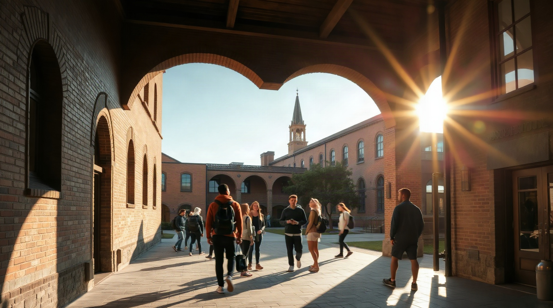 Cour intérieure d'un campus universitaire avec des étudiants qui marchent entre les bâtime