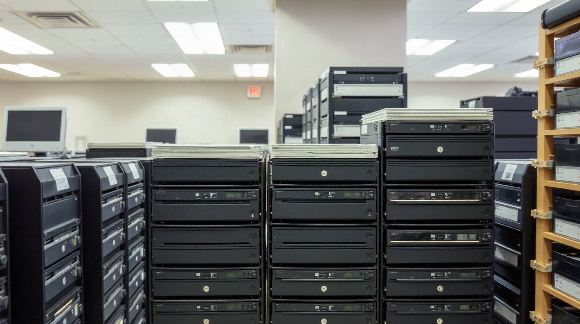 Disques durs stockant des archives vidéo dans une salle informatique