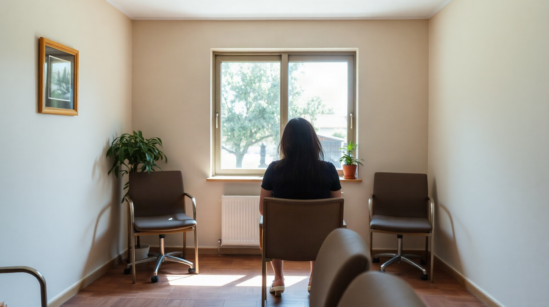 Femme consultant une brochure dans une salle d'attente associative