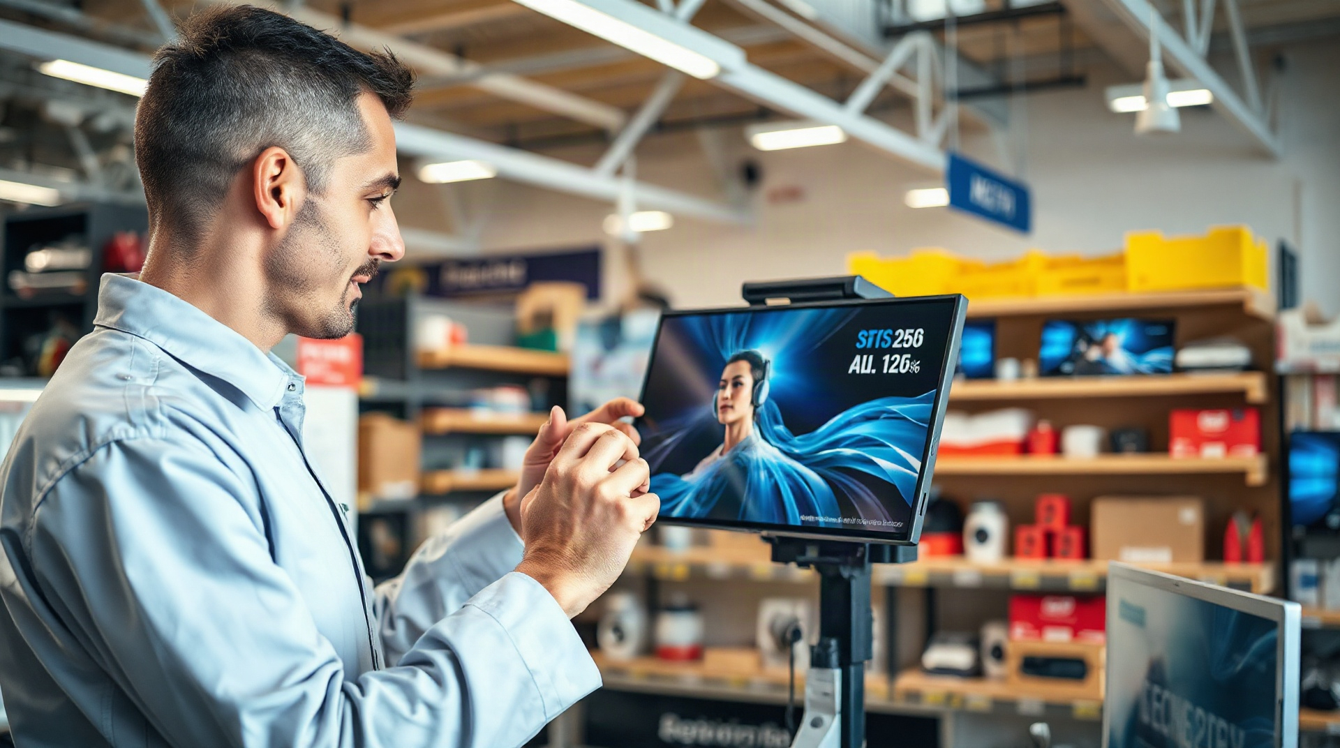 Technicien comparant deux écrans dans un magasin d'électronique