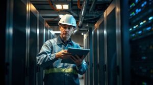 Technicien configurant des serveurs de streaming vidéo dans un datacenter
