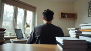 Étudiant complétant un dossier d'inscription universitaire sur un ordinateur portable