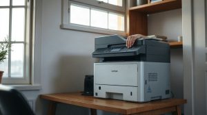 Une imprimante laser multifonction posée sur un bureau de travail