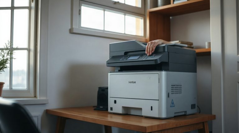 Quelles sont les 7 meilleures imprimantes en 2026 ? Une imprimante laser multifonction posée sur un bureau de travail