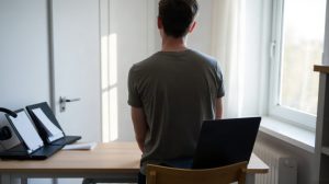 Personne en teletravail a domicile devant un ordinateur portable