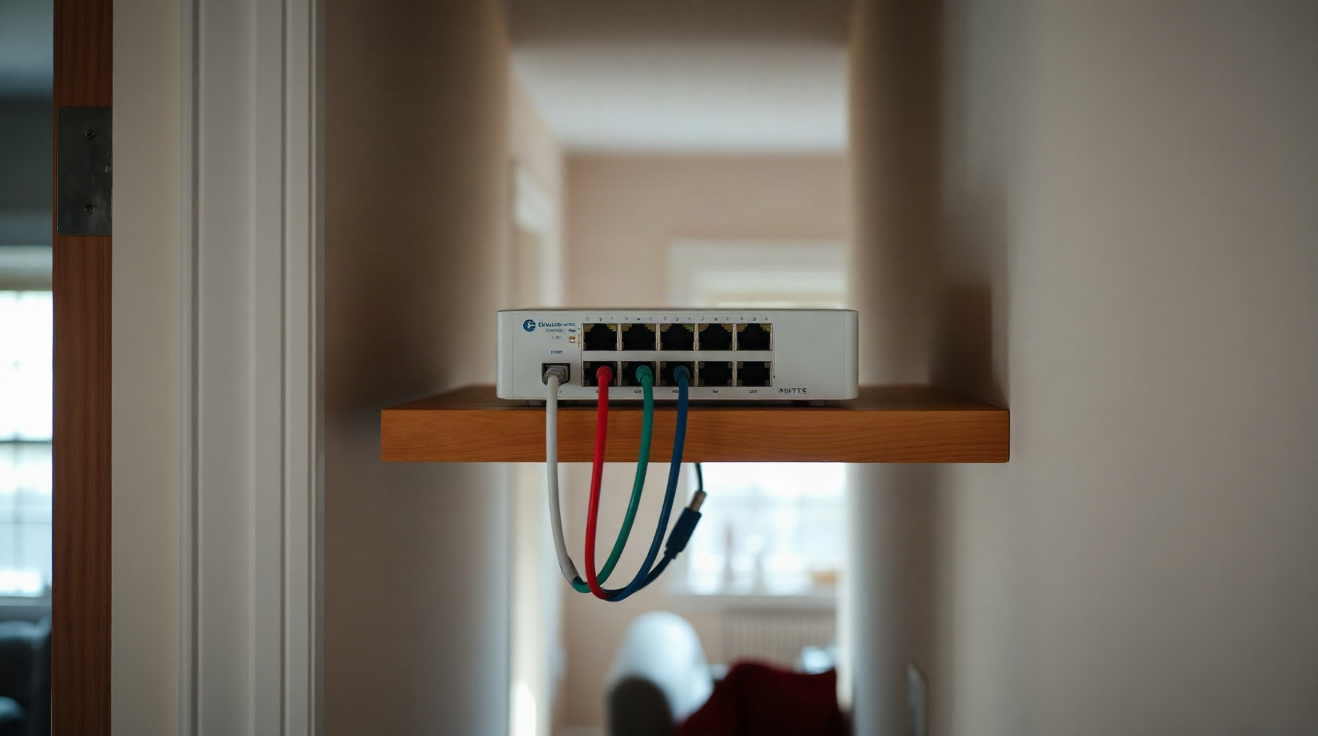 Câbles Ethernet branchés sur un switch dans une installation réseau domestique