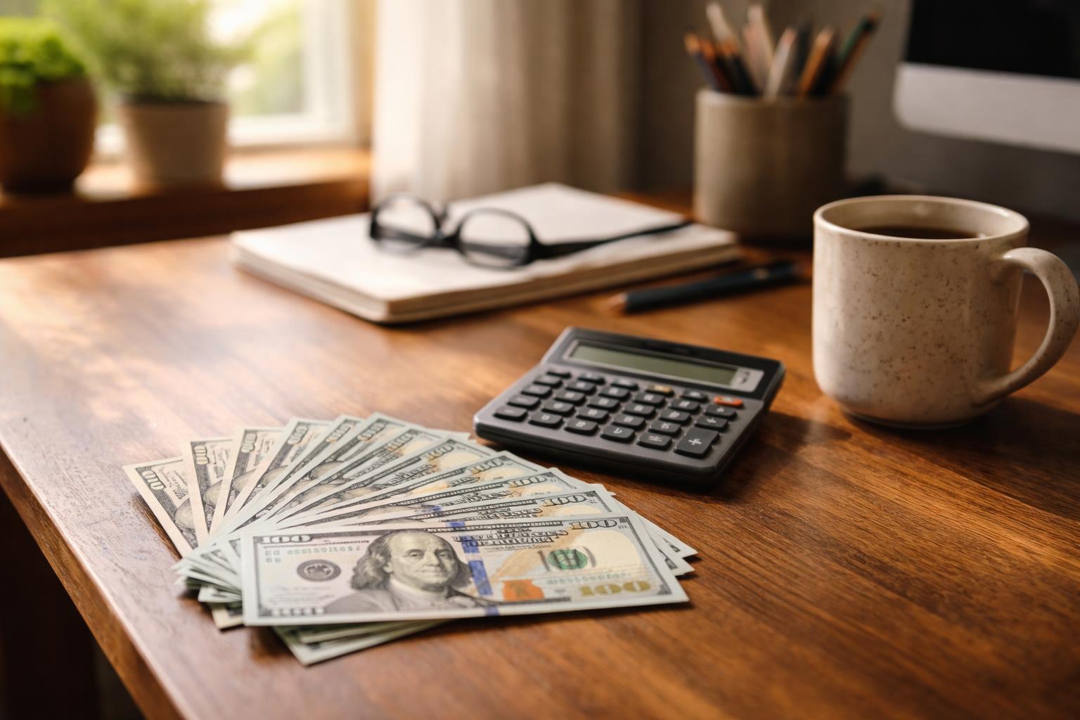 Des billets de banque en éventail posés sur un bureau à côté d'une calculatrice