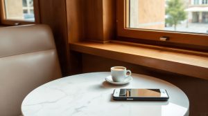 Personne consultant ses SMS sur un smartphone dans un café
