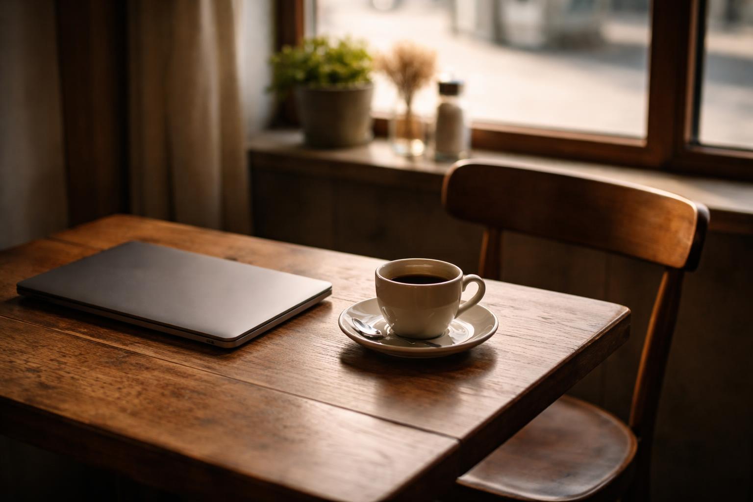Personne travaillant sur un portable dans un café