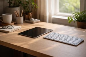 Tablette Android posée sur un bureau avec clavier Bluetooth