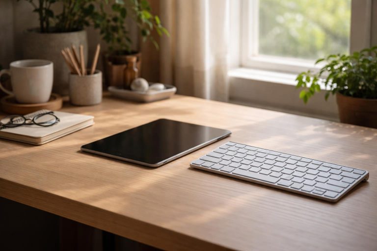 Tablette Android posée sur un bureau avec clavier Bluetooth