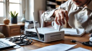 Technicien réseau configurant un routeur Livebox sur un bureau